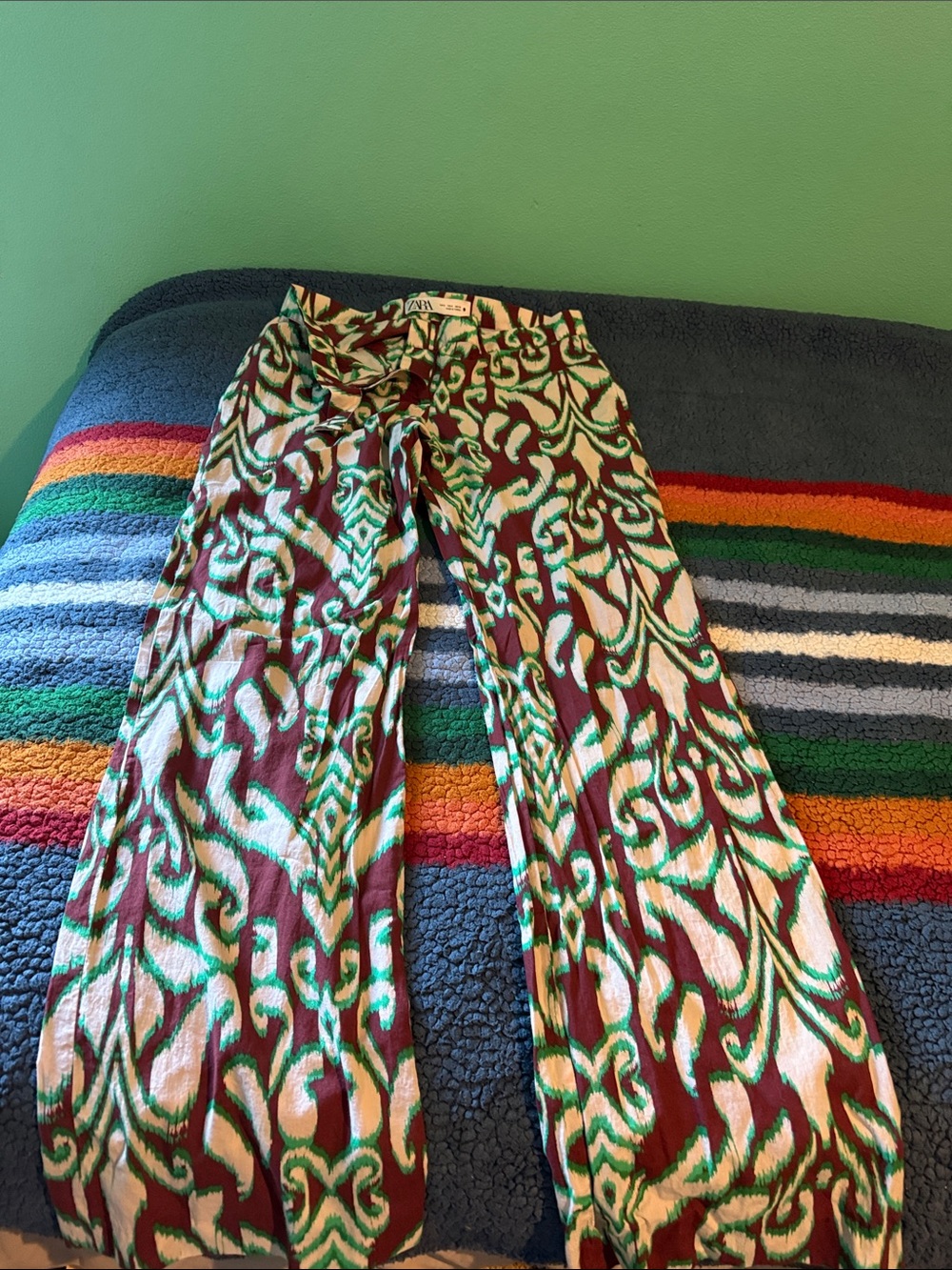 Zara Burgundy, Green & Cream Printed Wide-Leg Pants